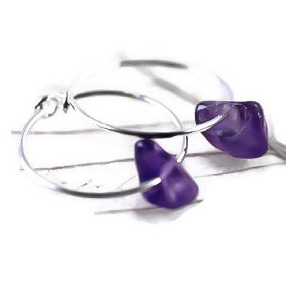 Genuine/Natural Amethyst Gemstone Hoop Earrings - Picture 3 of 8